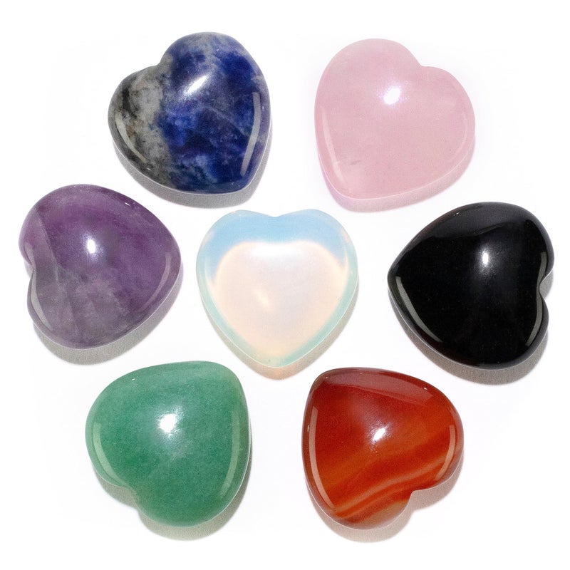 KALIFANO 7 Gemstone Heart Carvings Bundle High Energy Reiki Crystals Amethyst Aventurine Carnelian Obsidian Opalite Rose Quartz Sodalite with Healing Properties
